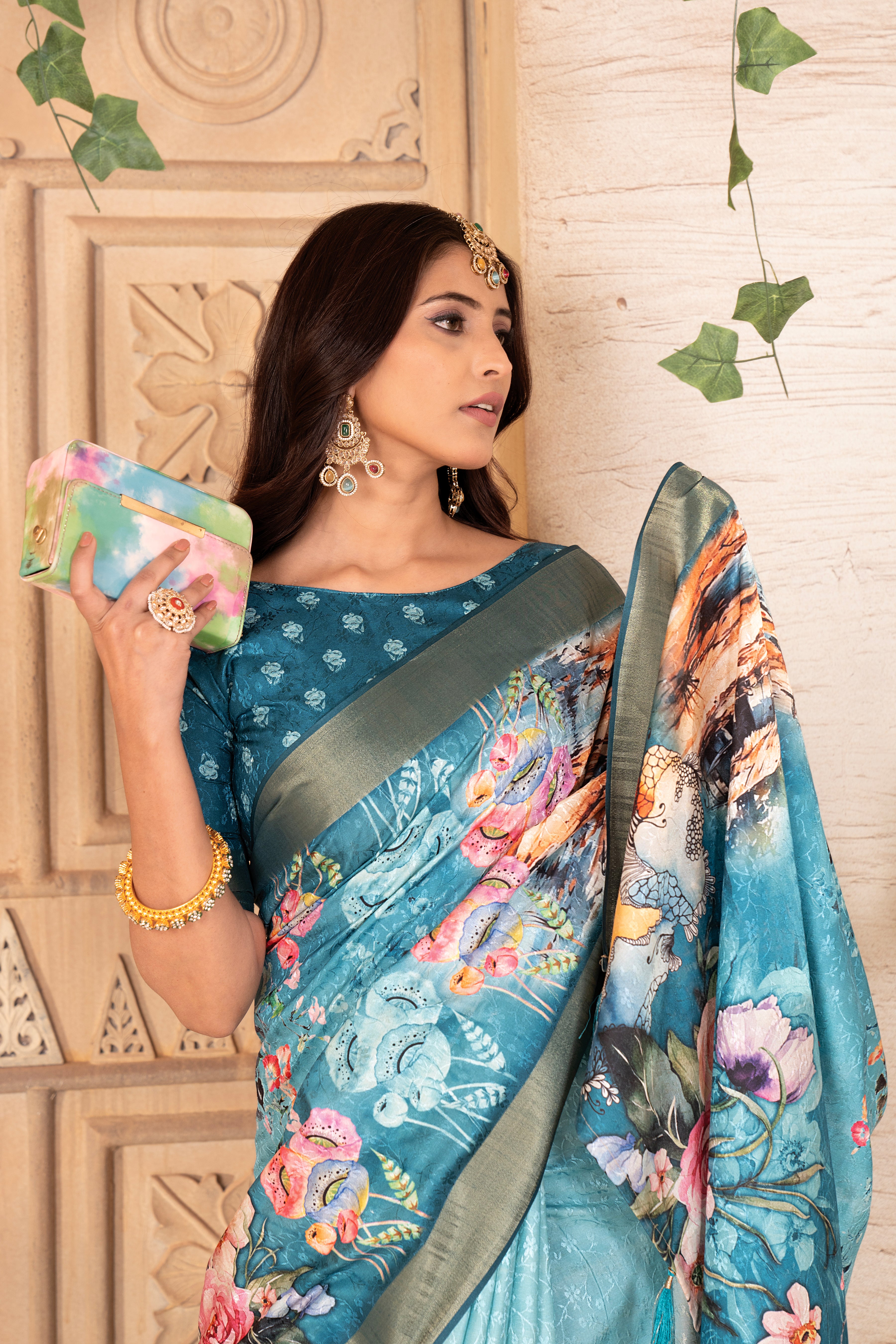 Rama Blue Tussar Silk Floral Saree